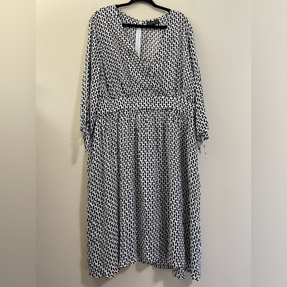 NWT ELOQUII Faux Wrap‎ Confetti Print Midi Dress in Black and White - 20